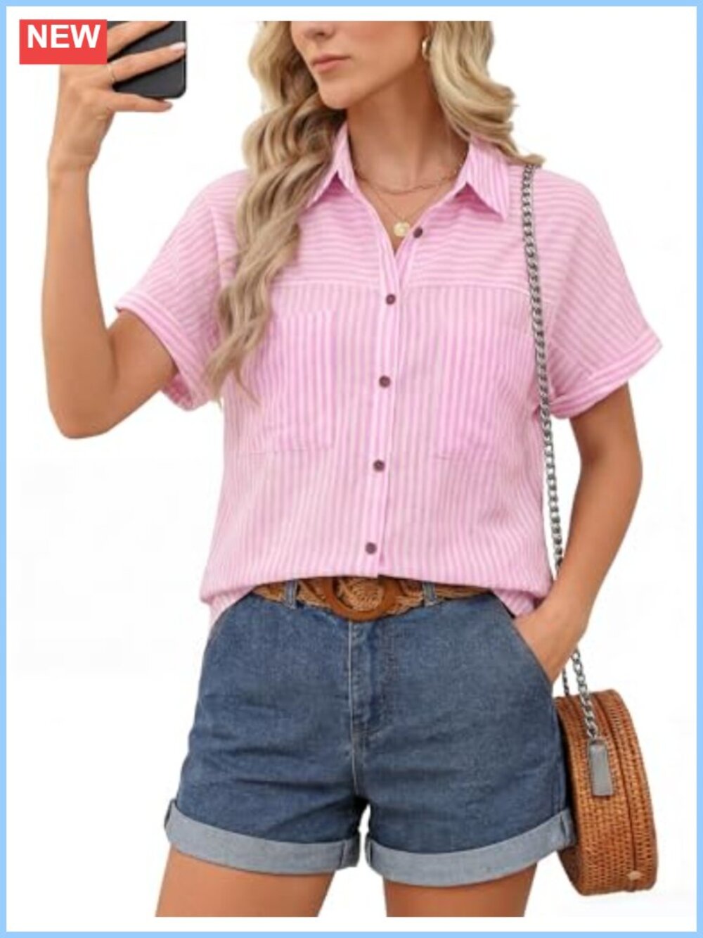 Womens Short Sleeve Button Down Shirt Oversized Gingham with Pockets